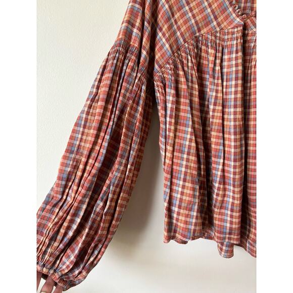 DOEN Thistle Blouse in Blue Autumn Plaid Print Boho M - Picture 6 of 12